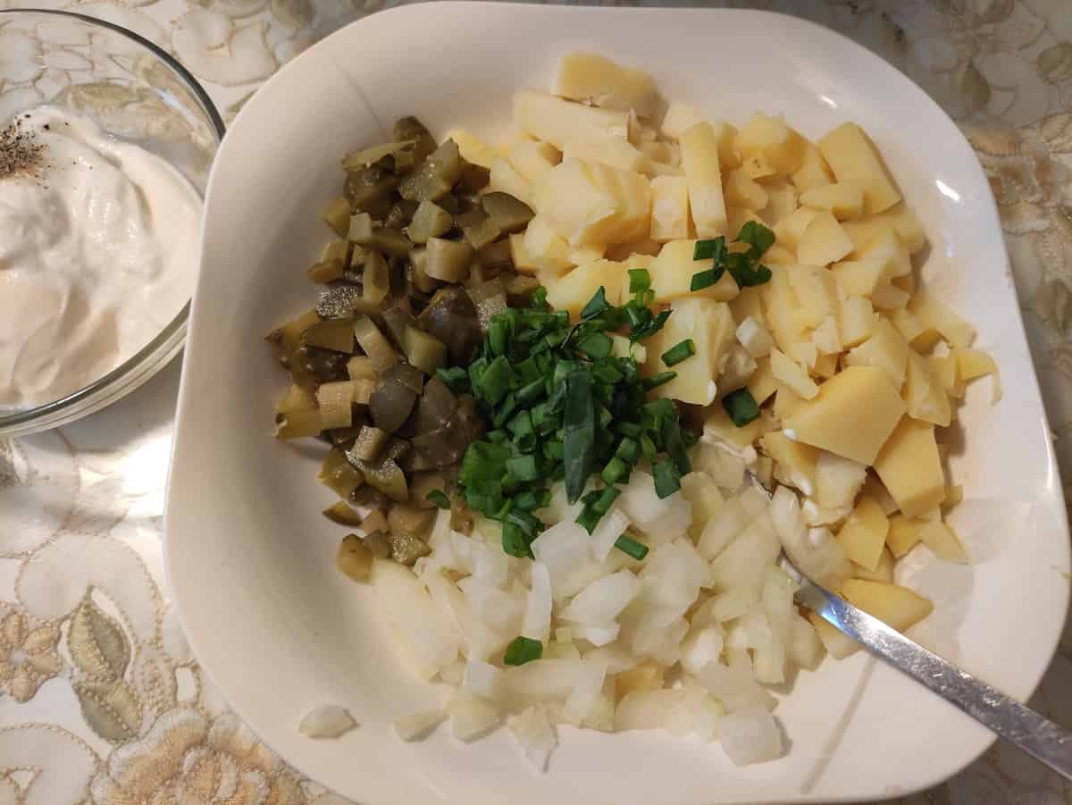 Ingredients for polish potato salad sałatka ziemniaczana.