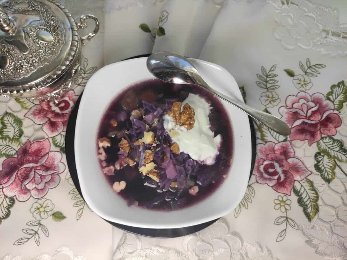 Polish red cabbage soup tastes best served hot.