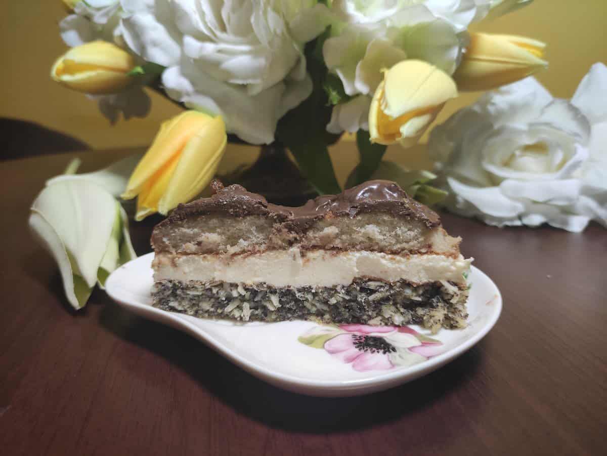 The top of the cake is covered with chocolate.