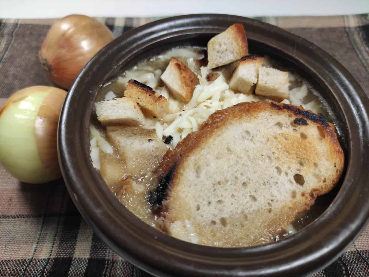 Zupa cebulowa or French onion soup.