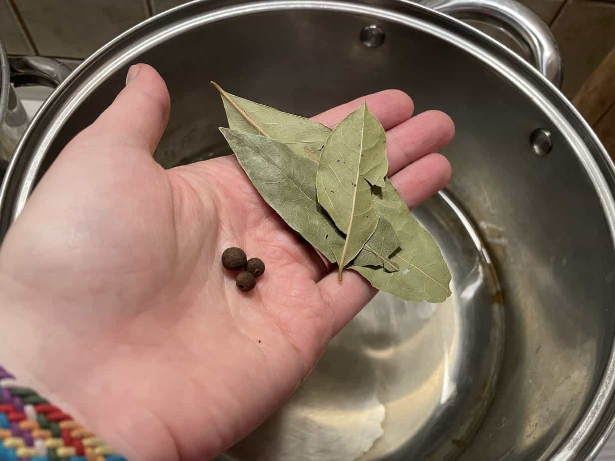 A hand holding some leaves in a pot while preparing a delicious Polish Meat Stew called Forszmak Lubelski.