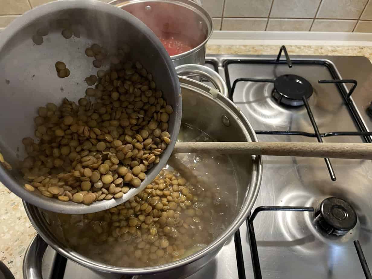 Add the cooked lentils into the mixture.