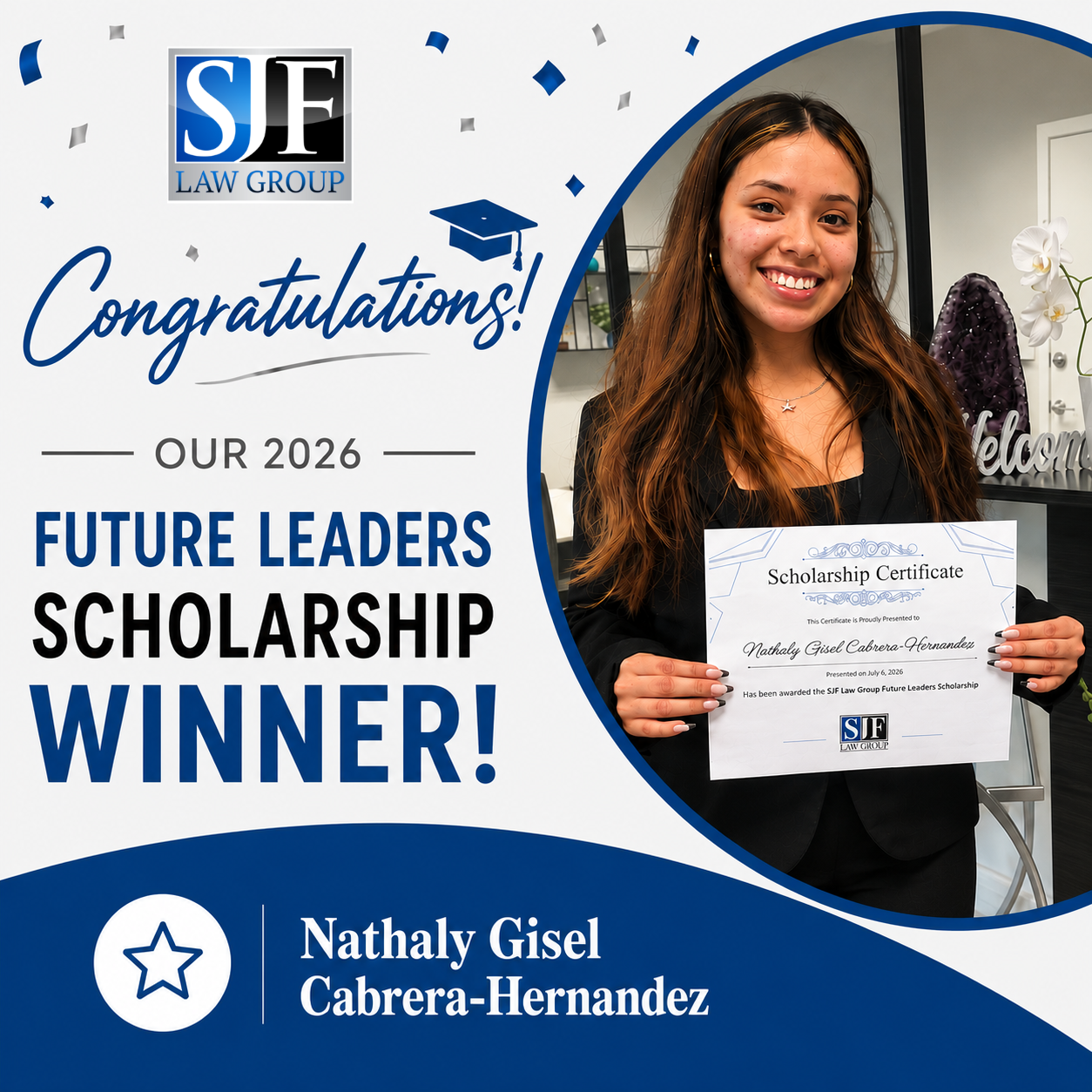 Nathaly Gisel Cabrera-Hernandez holding her certificate as SJF Law Group's 2026 Future Leaders Scholarship winner