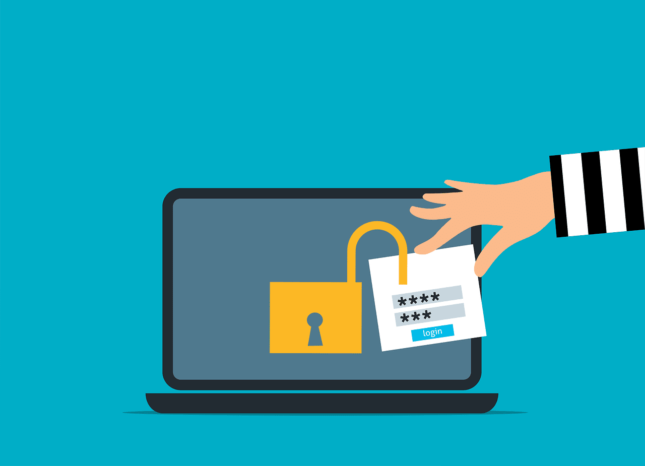 Illustration of a hand reaching for a password card in front of an open laptop with an unlocked padlock icon, symbolising password security and vulnerability.