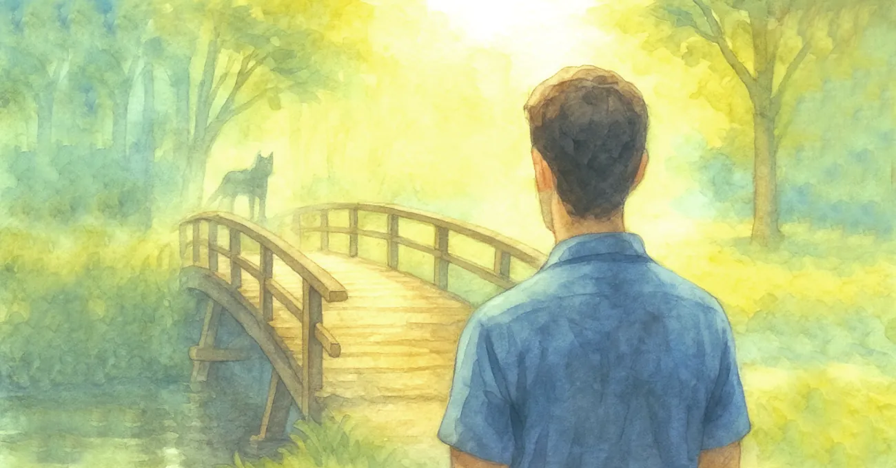 Aquarellbild eines Mannes, der am Anfang einer alten Holzbrücke steht und in Richtung eines schemenhaften Hundeschattens am anderen Ende blickt – Symbolbild für nicht reale Angst.