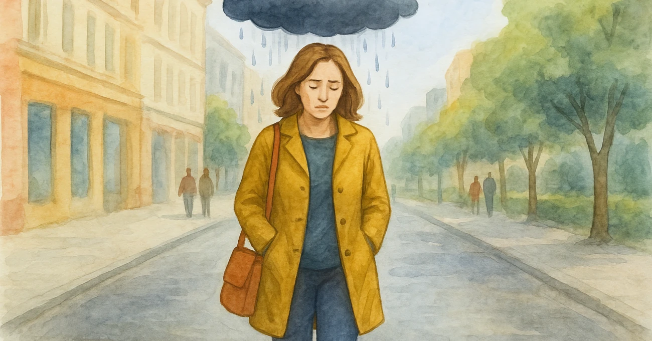 Aquarellillustration einer Frau, die durch eine helle Stadtstraße läuft, während eine dunkle Regenwolke nur über ihr hängt – ein Symbol dafür, wie belastend toxische Menschen sein können.