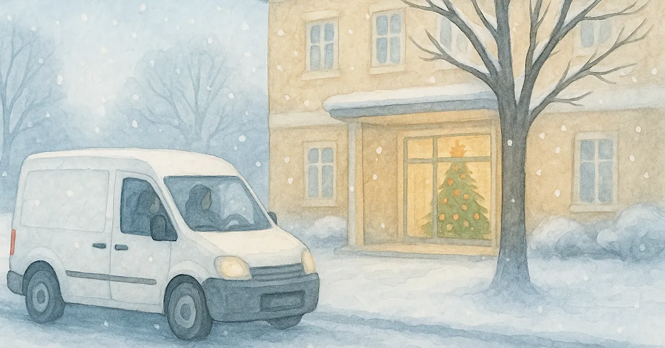 Aquarellszene eines weißen Lieferwagens, der im Schneefall vor einem hell erleuchteten Seniorenstift hält. Durch das große Fenster ist ein Wunschbaum mit warmen Lichtern erkennbar. Im Wagen sitzen die Zustellerin und ihre Tochter. Ein leiser Moment, der andeutet, dass dieser kurze Halt mehr in Bewegung setzt als nur eine Lieferung.