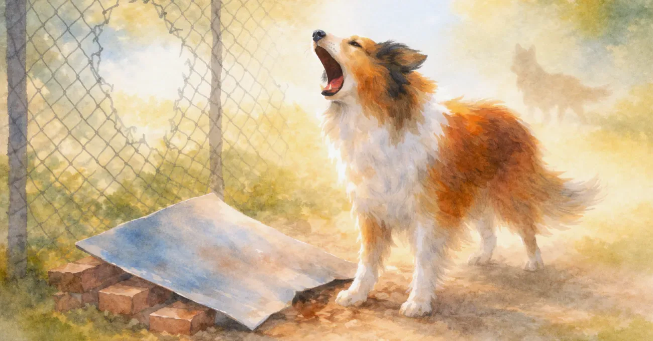 Collie-H&uuml;ndin auf einem Hof bellend neben einem losen Blech am Zaun, w&auml;hrend eine andere H&uuml;ndin im Hintergrund verschwindet. Sinnbild daf&uuml;r, wie Ger&uuml;chte durch Gegenwehr gr&ouml;&szlig;er werden und Aufmerksamkeit anziehen.