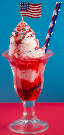 Red, White, And Blueberry Homemade Ice Cream An Independence Day Special image 7 ice cream sundae with red white and blue straws and American flag in tall glass frosted fusions