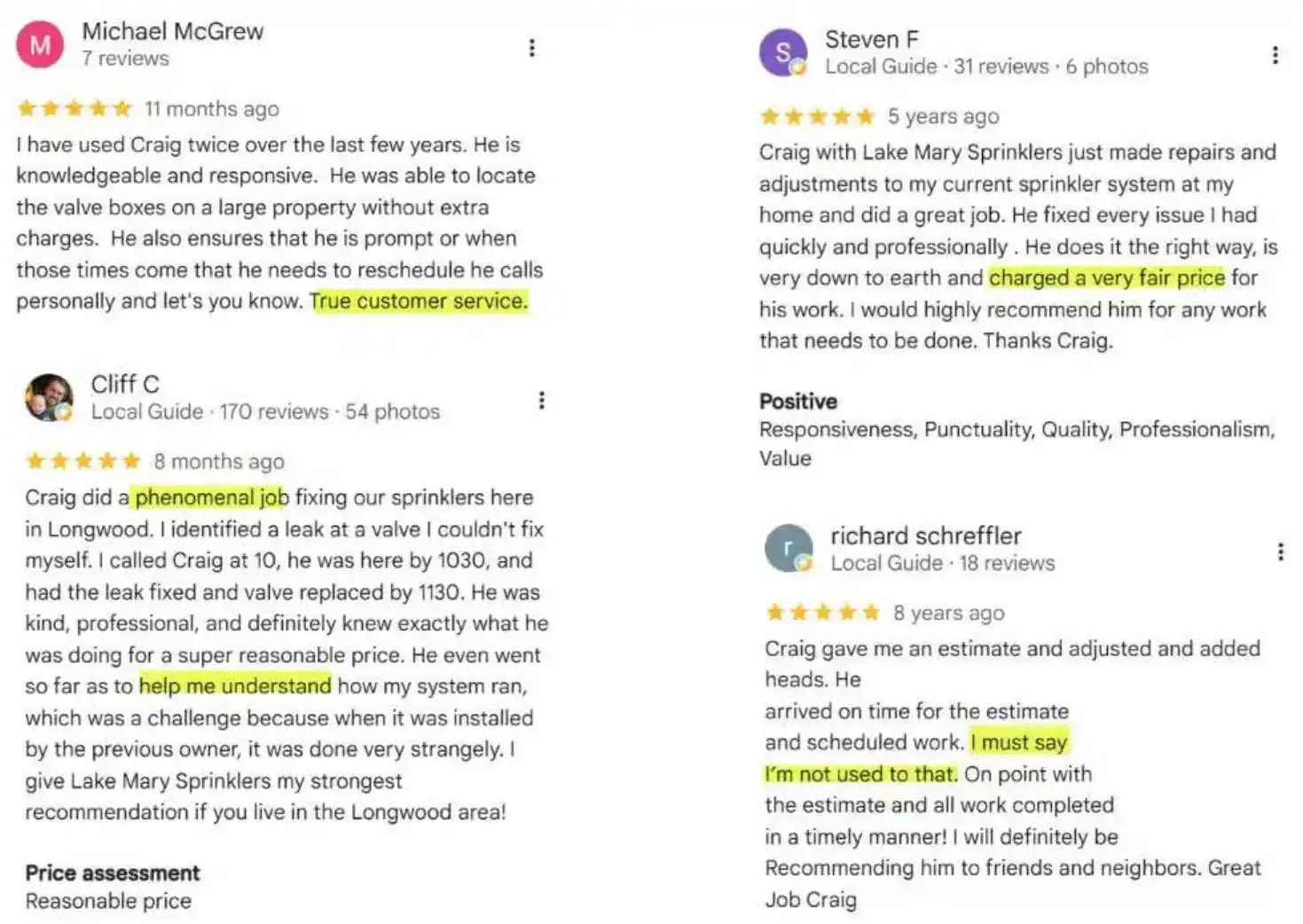 Google reviews for Lake Mary Sprinklers