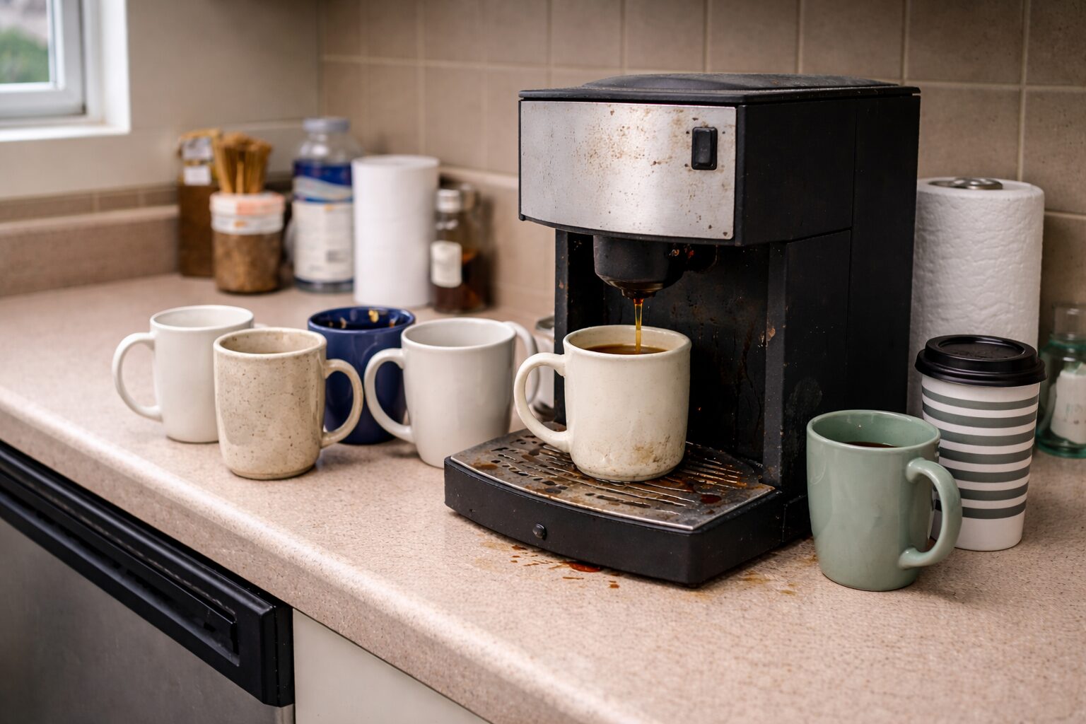 Multiple cups lined up near office coffee machine