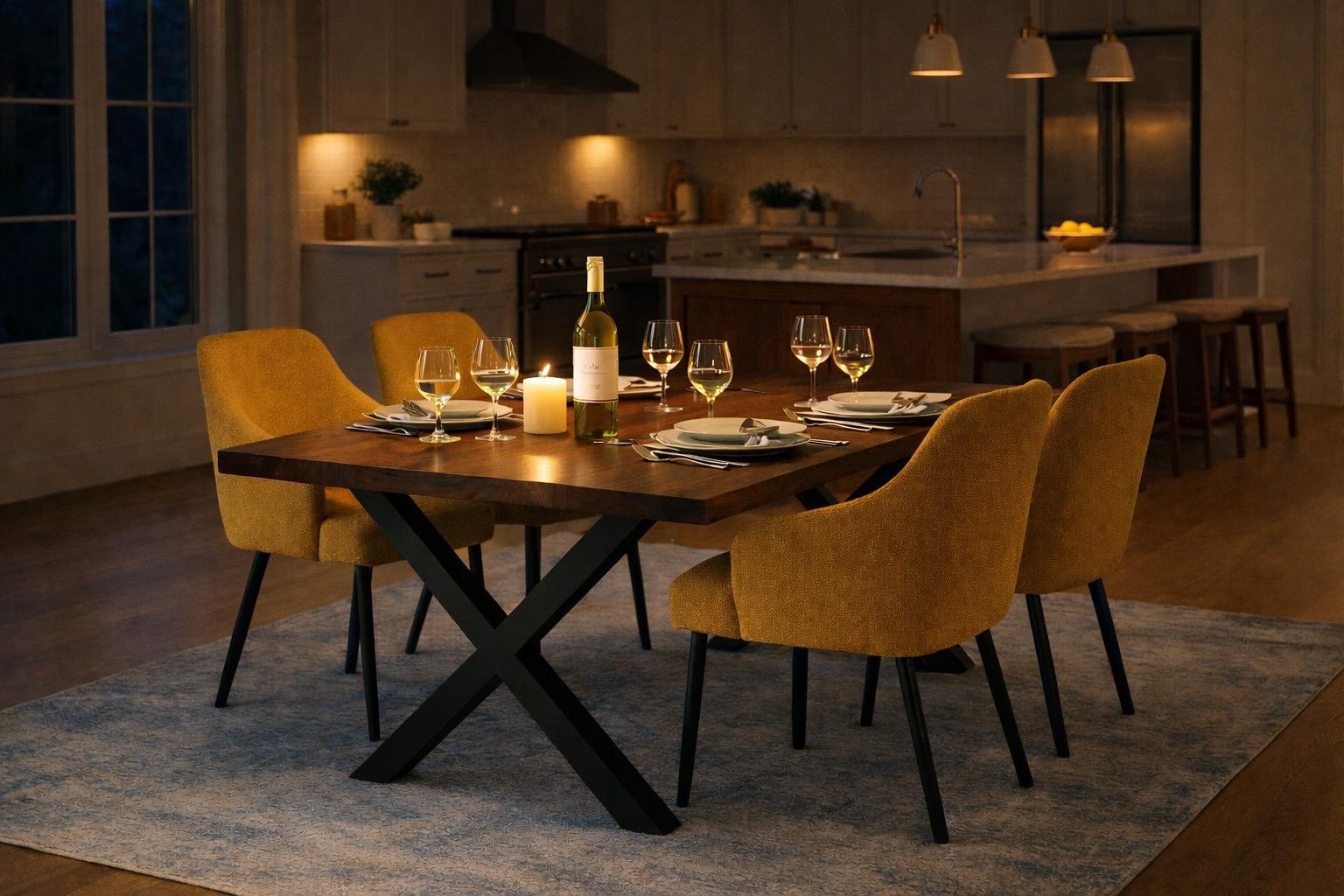 American black walnut dining table with black X-frame legs, styled with mustard upholstered chairs and an evening table setting in a modern kitchen dining space.