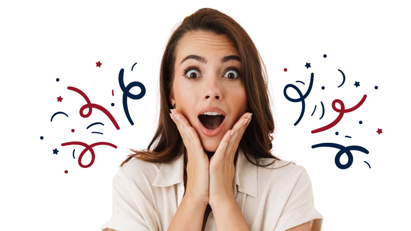 Young woman with her hands on her cheeks looking surprised, surrounded by colorful confetti from a Polish Mystery Box on a white background.