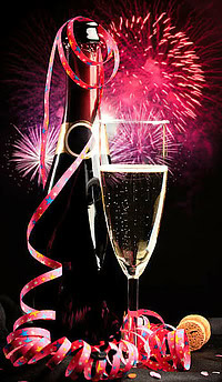 Homemade Champagne and Raspberry Ice Cream Cheers to the New Year image 5 champagne glass and bottle wth cork and confetti and fireworks in background frosted fusions