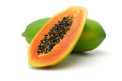 Homemade-Tropical-Papaya-Ice-Cream-Sorbet-Froyo-Recipes-To-Beat-The-Winter-Blues-image-1-whole-and-sliced-green-papaya-showing-internal-seeds-and-orangey-pink-flesh-frosted-fusions