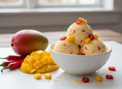 Homemade-Mango-Chilli-Sorbet-Naturally-Vegan-Dairy-Free-image-9-bowl-of-mango-and-chilli-sorbet-with-fresh-mango-and-chillis-to-the-side-Frosted-Fusions