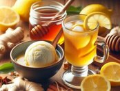 A-Not-So-Hot-Toddy-Homemade-Honey-Lemon-Ginger-Ice-Cream-image-5-a-glass-of-hot-toddy-next-to-a-bowl-of-honey-lemon-and-ginger-ice-cream-with-fresh-ingredients-scattered-Frosted-Fusions