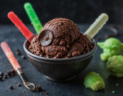 May The Fourth Be With Your Ice Cream Scoops – Join The Frozen Side image 3 bowl of dark chocolate ice cream shaped like the Dark Star with light sabers and mini Yodas Frosted Fusions