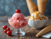 McDonalds-New-Menu-Is-Here-—-But-Can-The-McFlurry-Machine-Handle-It-image-4-glass-dish-of-Cherry-lemonade-sorbet-fresh-cherries-and-a-caramel-biscoff-ice-cream-and-waffle-cones-Frosted-Fusions