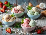 Learn-To-Make-Homemade-Ice-Cream-–-The-Basics-4-Easy-Starter-Recipes-image-5-bowls-of-different-coloured-ice-creams-with-fresh-fruits-and-ingredients-and-notes-for-beginners-Frosted-Fusions