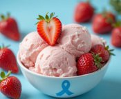 diabetes-and-ice-cream-making-healthier-choices-update sept25 image-1 bowl of strawberry ice cream with fresh strawberries and a blue ribbon on side of bowl Frosted Fusions
