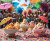 Notting Hill Carnival Recipes Frozen Treats & Rum Coolers For The Bank Holiday image 1 vibrant ice creams in cups with cocktail umbrellas and carnival party goers in background fresh fruits Frosted Fusions