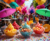 Notting-Hill-Carnival-Recipes-Frozen-Treats-Rum-Coolers-For-The-Bank-Holiday-image-2-ice-creams-in-cups-with-cocktail-umbrellas-and-carnival-party-goers-in-background-fresh-fruits-Frosted-Fusions