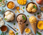 Step-by-Step-Guide-To-Making-Creamy-Vegan-Ice-Cream-At-Home-image-2-top-view-of-a-selection-of-vegan-ice-creams-with-cones-and-fresh-fruits-and-nuts-Frosted-Fusions