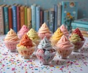 Dahl-licious Scrumdiddlyumptious Ice Creams Inspired By Roald Dahl image 8 selection of ice creams in dishes with confetti and sprinkles and childrens books in the background Frosted Fusions