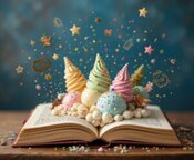 Dahl-licious Scrumdiddlyumptious Ice Creams Inspired By Roald Dahl image 9 open book with ice creams and stars and sprinkles coming out of it Frosted Fusions