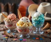 Southern Inspired Ice Creams To Get You Toe Tappin For Country Music Day image 6 Southern-style ice cream lined up — peach, praline, and cornbread — with caramel drizzle, cowboy boots, hat, and guitar in the background Frosted Fusions