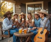 Southern-Inspired-Ice-Creams-To-Get-You-Toe-Tappin-For-Country-Music-Day-image-5-Friends-in-cowboy-hats-eating-ice-cream-on-porch-with-guitar-Frosted-Fusions