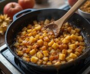Caramelised apple compote cooking in skillet with cinnamon and brown sugar for homemade ice cream Frosted Fusions
