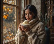 5-Delicious-Autumn-Inspired-Ice-Cream-Recipes-That-Taste-Like-A-Hug-Featured-Image-Woman-in-cozy-sweater-holding-bowl-of-ice-cream-by-window-with-autumn-leaves-Frosted-Fusions