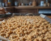 Apple-Crumble-Ice-Cream-Dessert-Image-3-golden-oat-crumble-topping-freshly-baked-on-tray-Frosted-Fusions