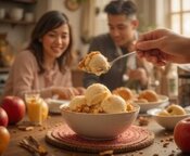 Apple-Crumble-Ice-Cream-Dessert-Image-7-family-enjoying-apple-crumble-ice-cream-dessert-around-kitchen-table-Frosted-Fusions