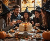 Scarily-Easy-Halloween-Ice-Cream-Cakes-Image-1-Halloween-party-with-friends-wearing-witch-hats-sharing-a-spooky-ice-cream-cake-surrounded-by-pumpkins-Frosted-Fusions