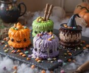 Scarily Easy Halloween Ice Cream Cakes Image 3 Mini Halloween ice cream cakes in orange green purple and chocolate decorated with candy eyes and witch hats on slate board Frosted Fusions