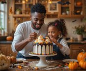 Scarily Easy Halloween Ice Cream Cakes Image 5 Father and daughter decorating Halloween ice cream cake with candy and pumpkins in warm autumn kitchen Frosted Fusions