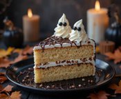 Scarily Easy Halloween Ice Cream Cakes Image 8 – Halloween ice cream cake slice on rustic wooden table surrounded by candles pumpkins and autumn leaves Frosted Fusions