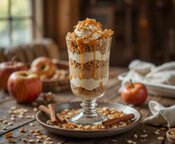 Sugar-and-Spice-and-All-Things-ICE-image-6-layered-apple-crumble-ice-cream-sundae-in-tall-glass-with-caramel-drizzle-and-cinnamon-sticks-Frosted-Fusions