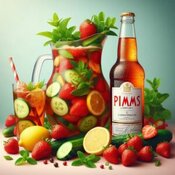 Anyone For Pimms Homemade Pimms And Lemonade Ice Cream image 4 large jug of pimms and lemonade filled with sliced cucumbers strawberries and fresh mint with a bottle of pimms and glasses frosted fusions
