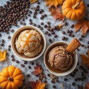 International-Coffee-Day-Treats-–-Pumpkin-Spice-Coffee-Ice-Cream-Recipes-Two-bowls-of-coffee-and-pumpkin-spice-ice-cream-with-caramel-drizzle-biscotti-pumpkins-coffee-beans-Frosted-Fusions
