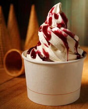 Cuisinart Soft Serve Ice Cream Maker - A Detailed Review image 10 soft serve ice cream with sauce in a tub with ice cream waffle cones in the background frosted fusions