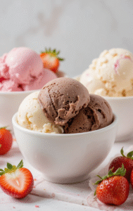 Sundae Funday – Your Guide To Creating A DIY Ice Cream Bar At Home image 7 bowls of vanilla choclate and strawnerry ice cream with fresh strawberries Frosted Fusions