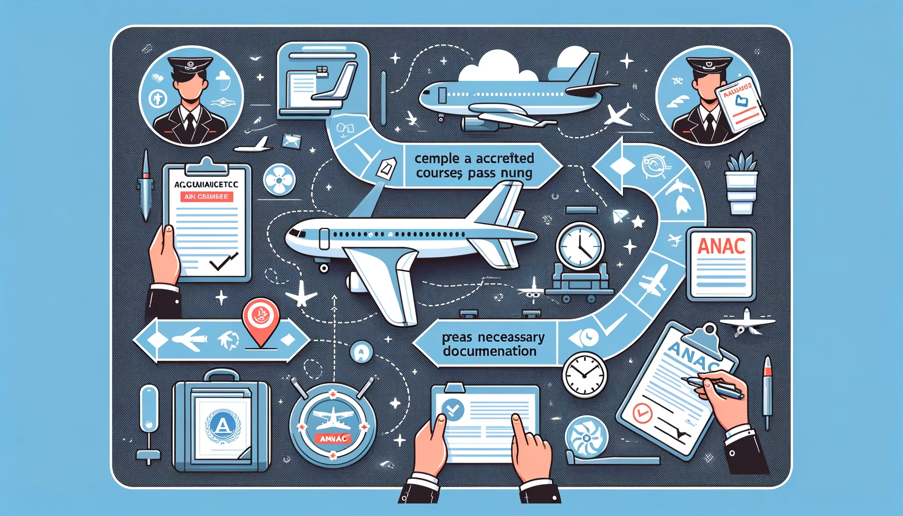 Ilustração mostrando o processo de obtenção da licença de comissário de voo pela ANAC, incluindo a conclusão de curso homologado, aprovação em exame e requisitos de documentação.