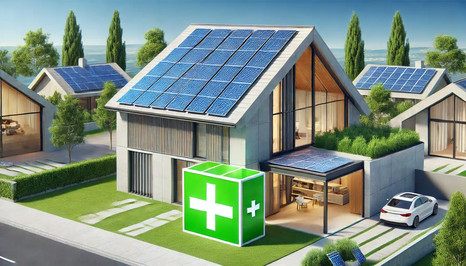 A house with solar panels and green + sign showing more panels being added on.