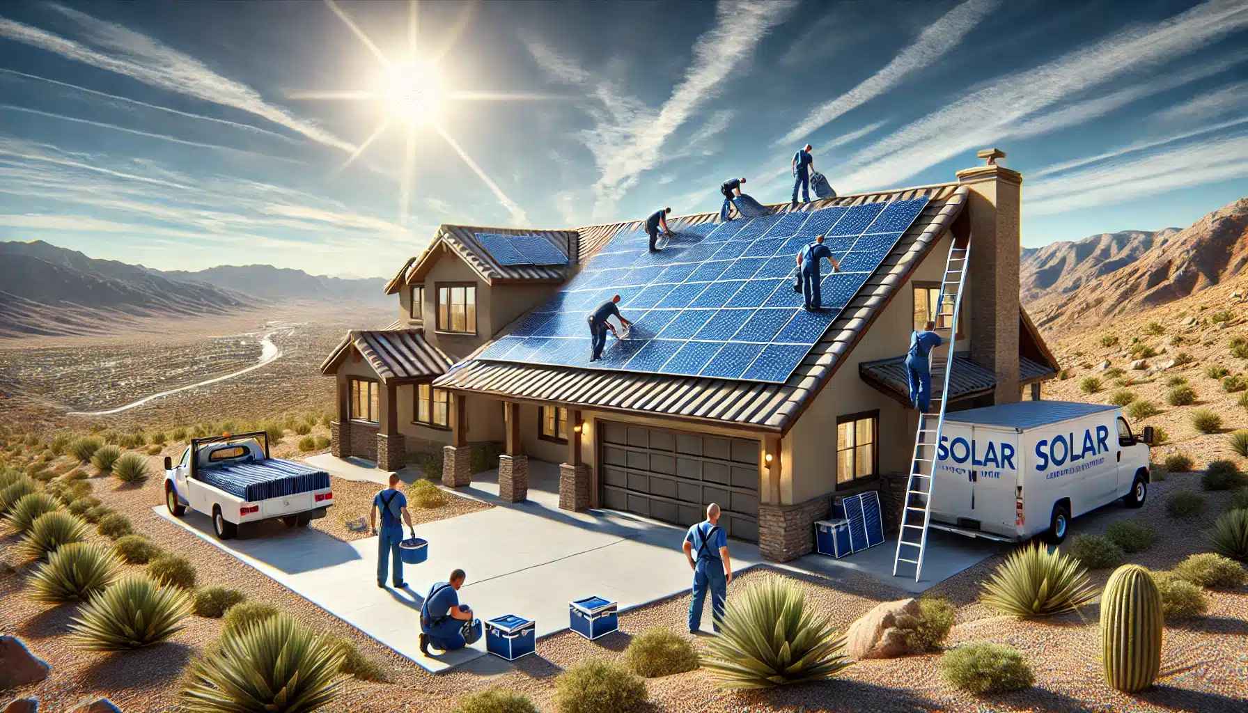 Solar installers installing solar panels on the roof of a home.