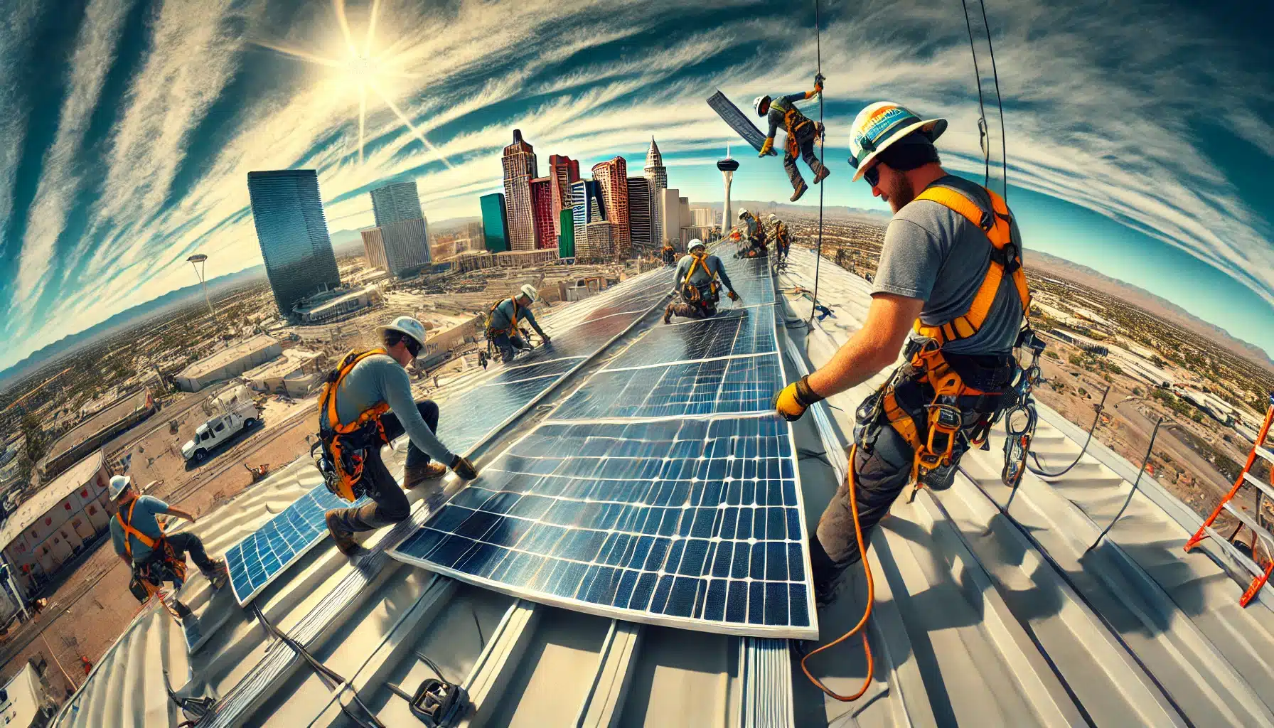 Solar installers on a roof installing solar panels with the Vegas strip in the background.