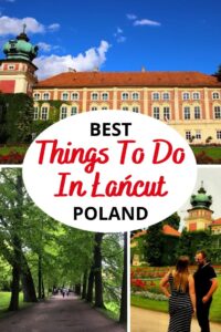 A collage features Łańcut Castle, a tree-lined path, and two people walking, with the text &ldquo;Best Things To Do In Łańcut, Poland&rdquo; overlaid in the center&mdash;perfect for any Lancut Poland travel guide or tourism inspiration.
